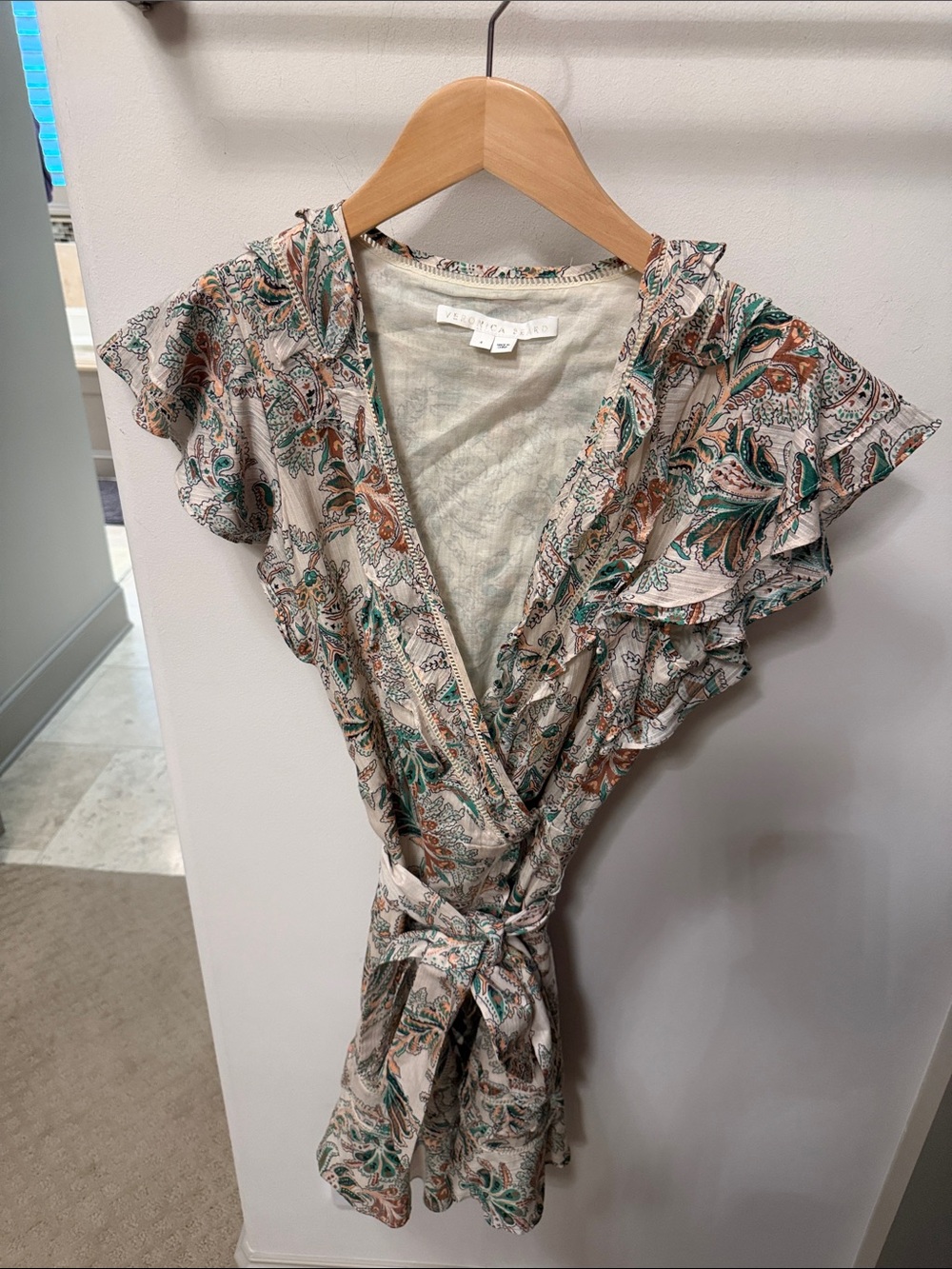Veronica Beard Cream Paisley Wrap Tunic with Green and Brown Accents